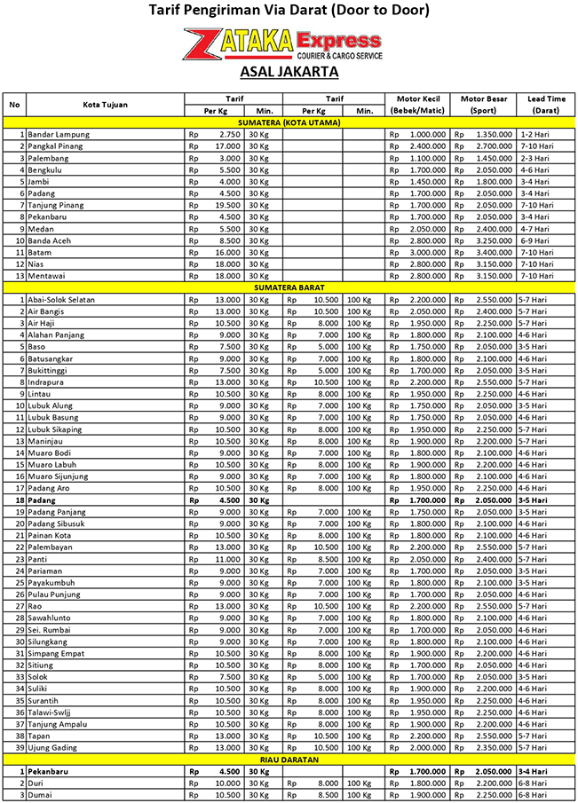 Tarif Pengiriman Asal Jakarta